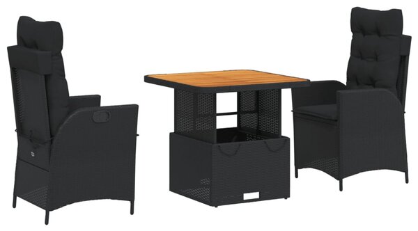 3 részes fekete polyrattan kerti étkezőgarnitúra párnákkal