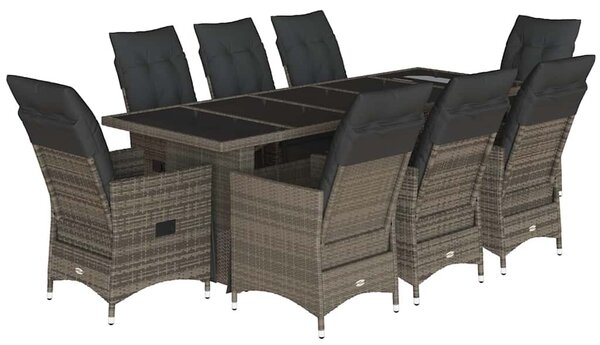 9 részes szürke polyrattan kerti bisztrógarnitúra párnákkal