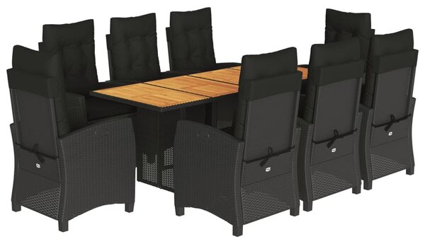 9 részes fekete polyrattan kerti étkezőgarnitúra párnákkal
