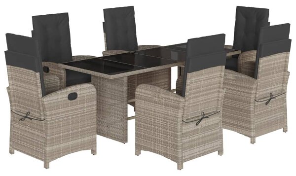 7 részes világosszürke polyrattan kerti étkezőszett párnával