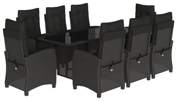 9 részes fekete polyrattan kerti étkezőgarnitúra párnákkal