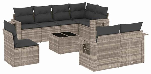 9 részes világosszürke polyrattan kerti ülőgarnitúra párnával