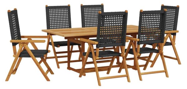 7 részes fekete polyrattan és tömör fa kerti étkezőgarnitúra