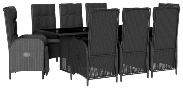 9 részes fekete polyrattan kerti étkezőgarnitúra párnákkal