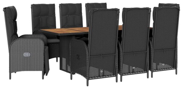 9 részes fekete polyrattan kerti étkezőgarnitúra párnákkal