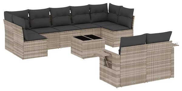 10 részes világosszürke polyrattan kerti ülőgarnitúra párnákkal