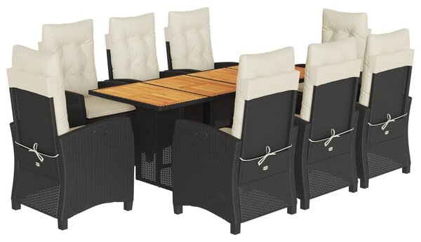 9 részes fekete polyrattan kerti étkezőgarnitúra párnákkal