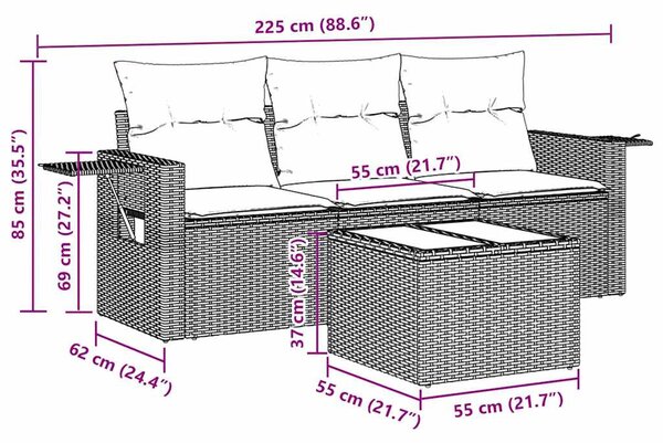 4 részes fekete polyrattan kerti ülőgarnitúra párnákkal