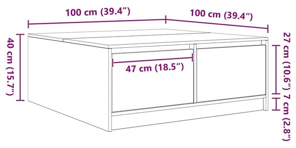 VidaXL kézműves tölgy dohányzóasztal fiókokkal 100x100x40 cm