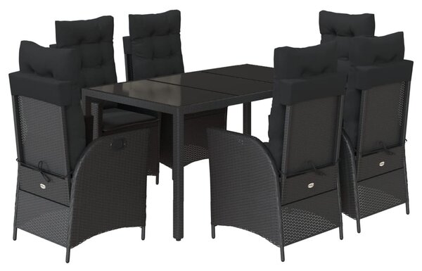 7 részes fekete polyrattan kerti étkezőgarnitúra párnával