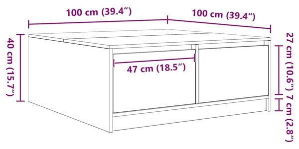 VidaXL fekete tölgyfa dohányzóasztal fiókokkal 100x100x40 cm