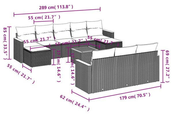 11 részes szürke polyrattan kerti ülőgarnitúra párnákkal