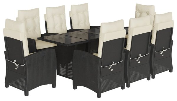 9 részes fekete polyrattan kerti étkezőgarnitúra párnákkal