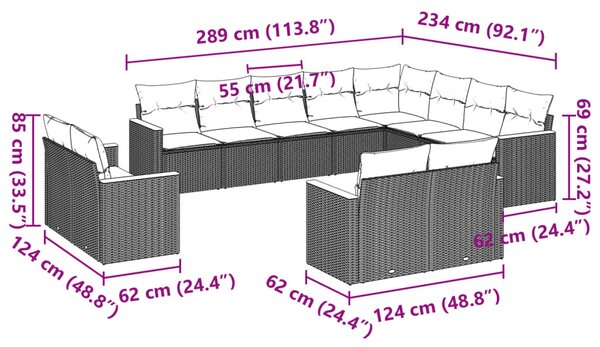 12 részes fekete polyrattan kerti ülőgarnitúra párnákkal