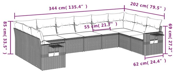 10 részes fekete polyrattan kerti ülőgarnitúra párnákkal