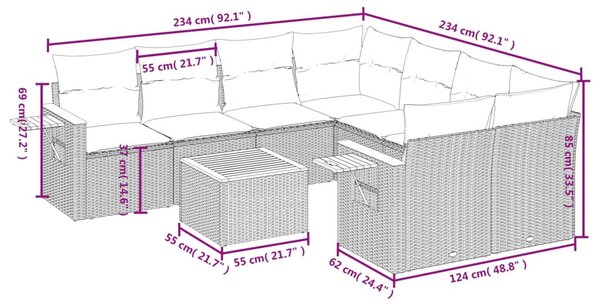9 részes bézs polyrattan kerti ülőgarnitúra párnákkal