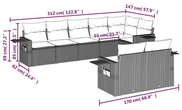 8 részes fekete polyrattan kerti ülőgarnitúra párnákkal