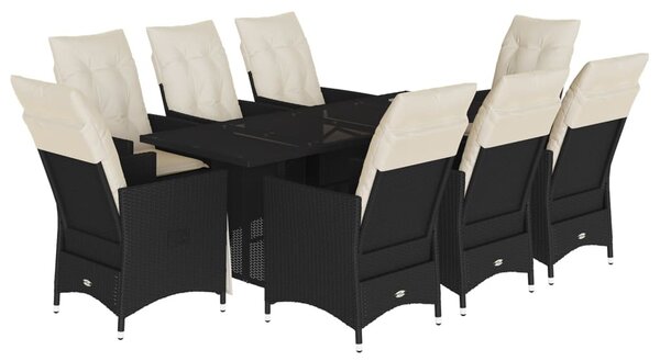 9 részes fekete polyrattan kerti étkezőgarnitúra párnákkal