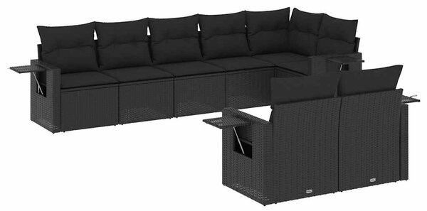 8 részes fekete polyrattan kerti ülőgarnitúra párnákkal