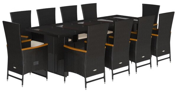 11 részes fekete polyrattan kerti étkezőgarnitúra párnákkal
