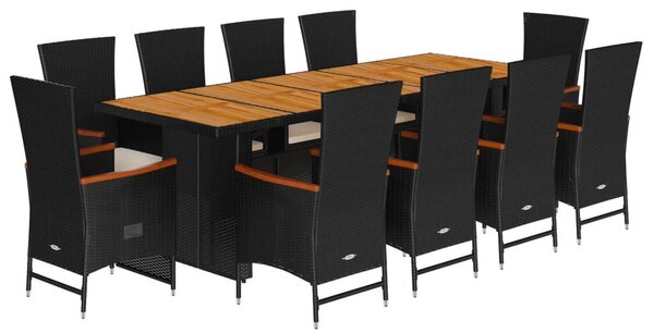 11 részes fekete polyrattan kerti étkezőgarnitúra párnákkal