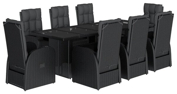 9 részes fekete polyrattan kerti étkezőgarnitúra párnákkal