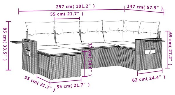 6 részes fekete polyrattan kerti ülőgarnitúra párnákkal