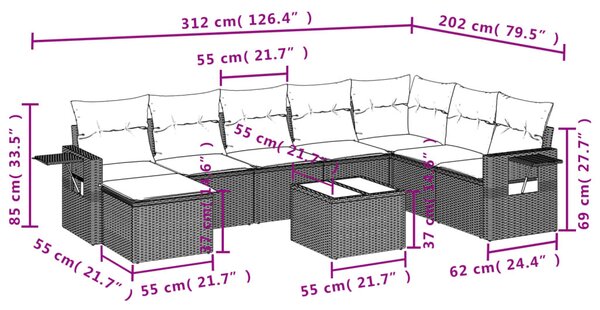 9 részes szürke polyrattan kerti ülőgarnitúra párnákkal