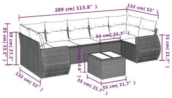 8 részes fekete polyrattan kerti ülőgarnitúra párnákkal