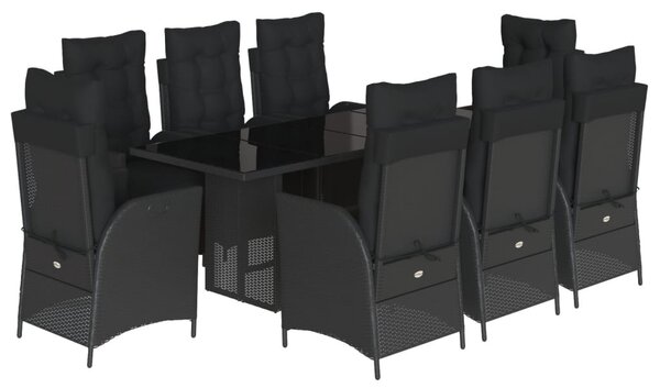 9 részes fekete polyrattan kerti étkezőgarnitúra párnákkal