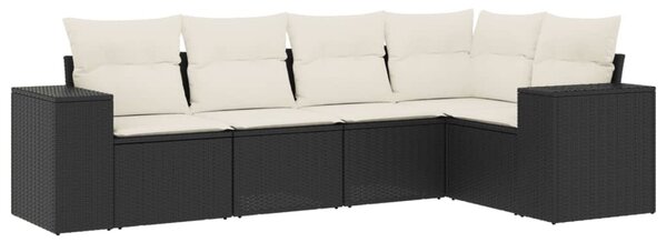 5 részes fekete polyrattan kerti kanapészett párnákkal