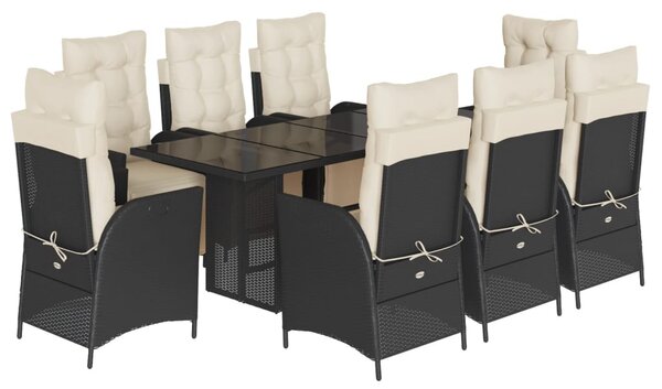 9 részes fekete polyrattan kerti étkezőgarnitúra párnákkal