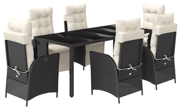 7 részes fekete polyrattan kerti étkezőgarnitúra párnával