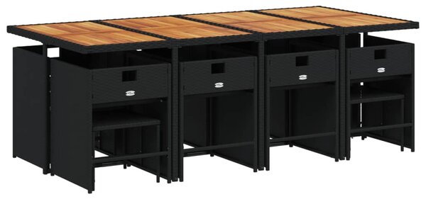 9 részes fekete polyrattan kerti étkezőgarnitúra párnákkal