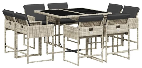 9részes világosszürke polyrattan kerti étkezőgarnitúra párnával