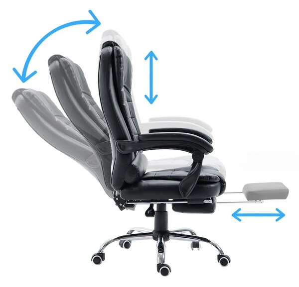 Irodai szék, Quasar & Co.®, Beta modell, ergonomikus, állítható magasságú, állítható háttámla, lehúzható lábtámasz, 5 forgó kerék, króm talp, organikus bőr, fekete