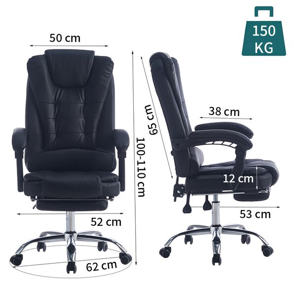 Irodai szék, Quasar & Co.®, Beta modell, ergonomikus, állítható magasságú, állítható háttámla, lehúzható lábtámasz, 5 forgó kerék, króm talp, organikus bőr, fekete