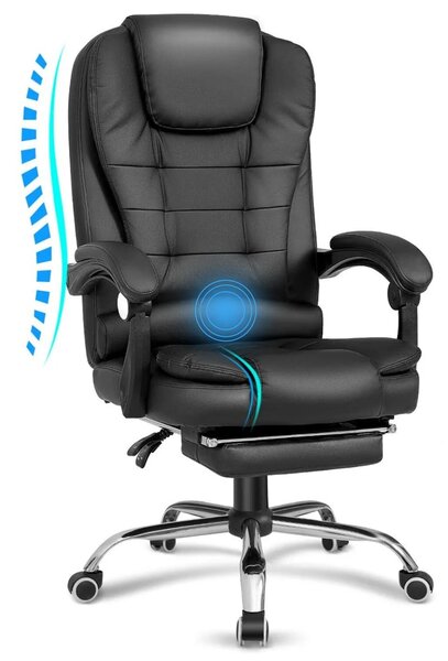 Irodai szék, Quasar & Co.®, Beta modell, ergonomikus, állítható magasságú, állítható háttámla, lehúzható lábtámasz, 5 forgó kerék, króm talp, organikus bőr, fekete