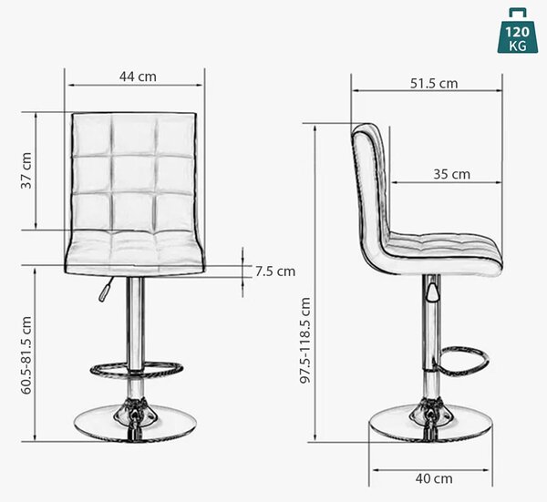 2 db bárszék készlet, Quasar & Co.®, állítható magasságú, 360°-os forgási rendszer, csúszásmentes láb, króm talp, fix fém lábtámasz, ökológiai bőr, barna