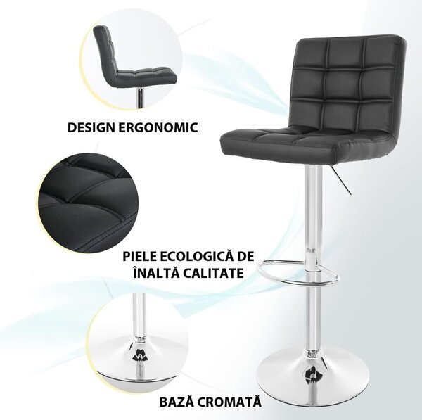 2 db bárszék szett, Quasar & Co.® MODO, magas kialakítás, állítható magasságú, forgatható, 360°-os forgórendszerrel, csúszásgátlós lábbal, krómozott talppal, fix fém lábtartóval, műbőr borítással, alkalmas konyhába, fekete