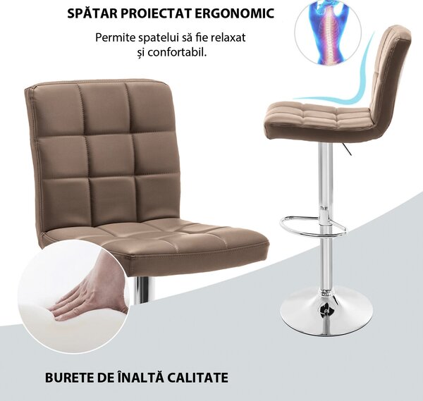 2 db bárszék készlet, Quasar & Co.®, állítható magasságú, 360°-os forgási rendszer, csúszásmentes láb, króm talp, fix fém lábtámasz, ökológiai bőr, barna
