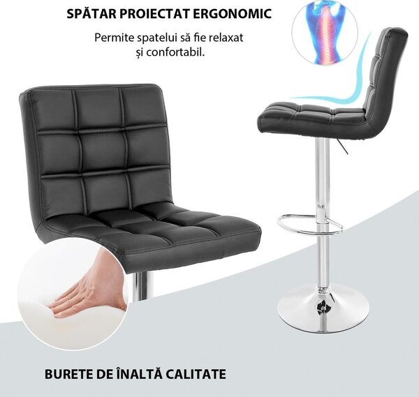 2 db bárszék szett, Quasar & Co.® MODO, magas kialakítás, állítható magasságú, forgatható, 360°-os forgórendszerrel, csúszásgátlós lábbal, krómozott talppal, fix fém lábtartóval, műbőr borítással, alkalmas konyhába, fekete