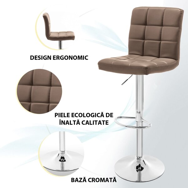 2 db bárszék készlet, Quasar & Co.®, állítható magasságú, 360°-os forgási rendszer, csúszásmentes láb, króm talp, fix fém lábtámasz, ökológiai bőr, barna