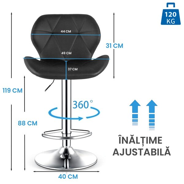 2 db bárszék készlet, Quasar & Co.®, állítható magasságú, 360°-os forgató rendszer, csúszásmentes láb, króm talp, fix fém lábtámasz, kagylós ülés, ökológiai bőr, fekete