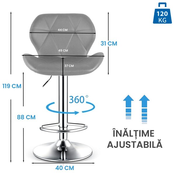 2 db bárszék készlet, Quasar & Co.®, állítható magasságú, 360°-os forgató rendszer, csúszásmentes láb, króm talp, fix fém lábtámasz, kagylós ülés, ökológiai bőr, szürke