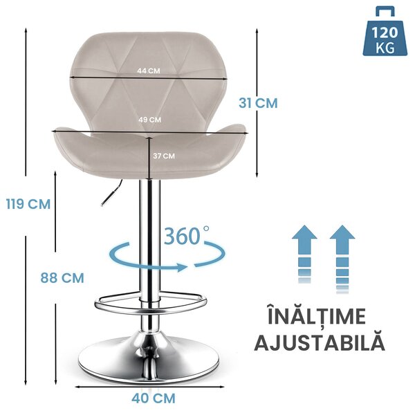 2 db bárszék készlet, Quasar & Co.®, állítható magasságú, 360°-os forgási rendszer, csúszásmentes láb, króm talp, fix fém lábtámasz, kagylós ülés, ökológiai bőr, elefántcsont