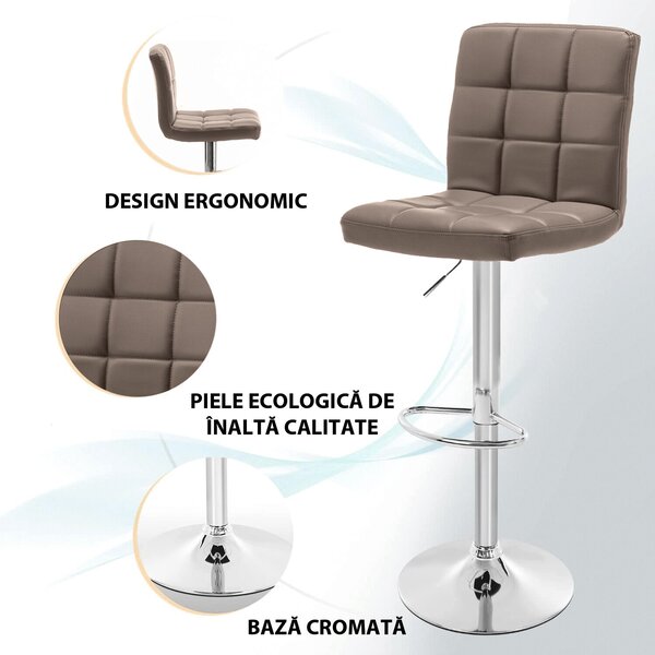 2 db bárszék készlet, Quasar & Co.®, állítható magasságú, 360°-os forgási rendszer, csúszásmentes láb, króm talp, fix fém lábtámasz, ökológiai bőr, bézs