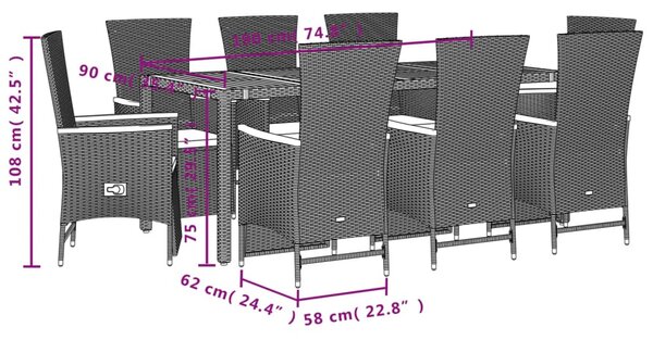 9 részes fekete polyrattan kerti étkezőgarnitúra párnákkal