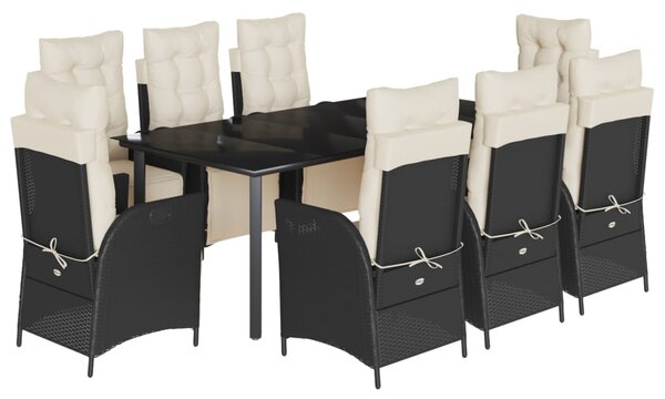 9 részes fekete polyrattan kerti étkezőgarnitúra párnákkal
