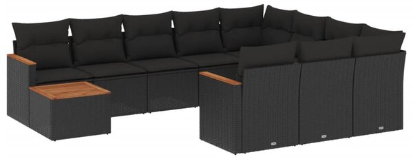 11 részes fekete polyrattan kerti ülőgarnitúra párnákkal